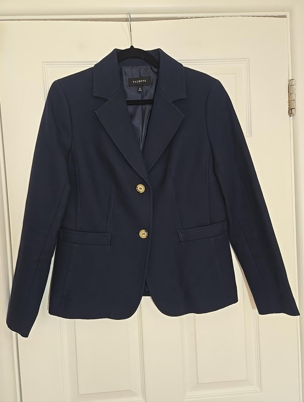 Talbots Navy Cotton Blazer Size 10 Tortoise Buttons Tailored Preppy Jacket
